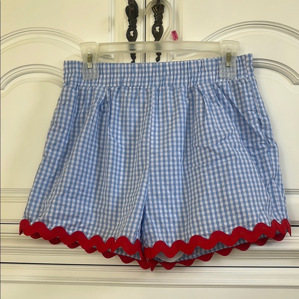 Chic High Waist Blue Gingham Shorts with Red Accents